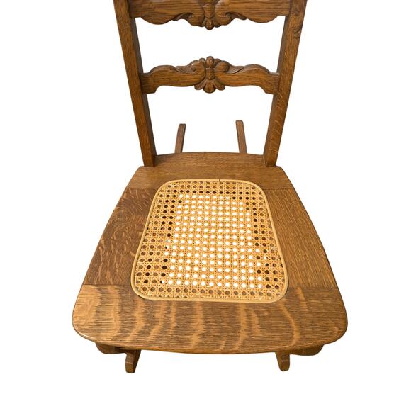 Antique Oak Rocking Chair w/ Carved Back & Cane Seat – 17” Wide Vintage rocker - Picture 4 of 10
